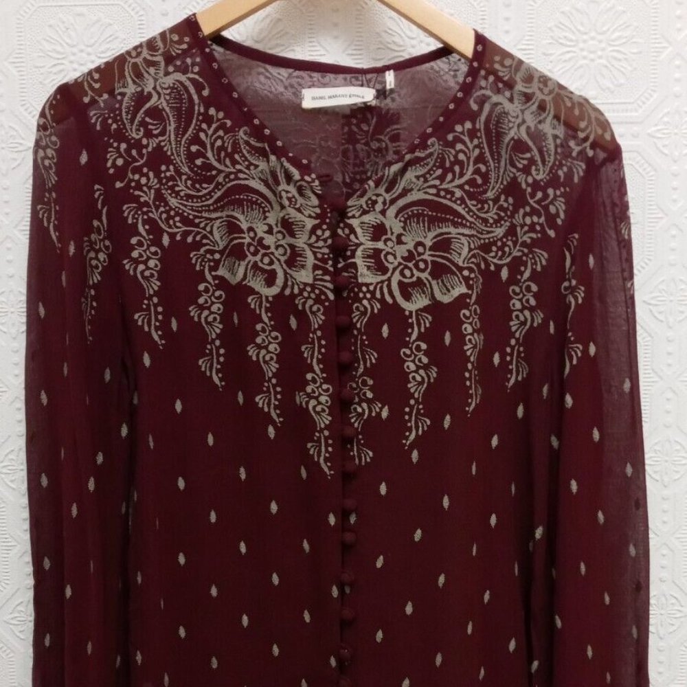 Isabel Marant Etoile Burgundy & Gold 100% Silk Button Top Blouse Size 40 / 10